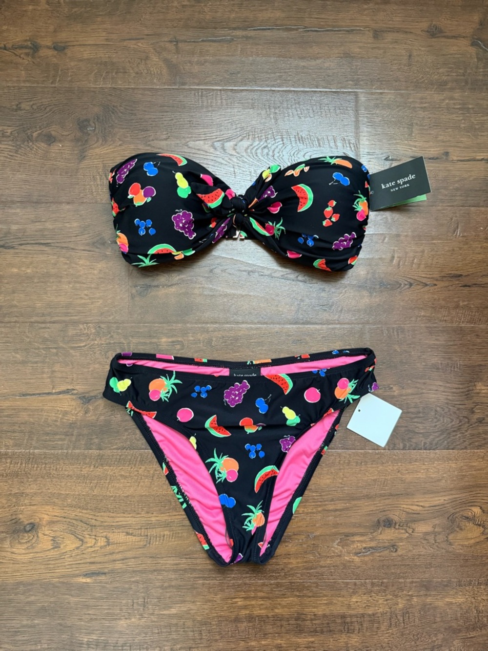kate spade Black Bandeau Bikini with Colorful Fruit Print